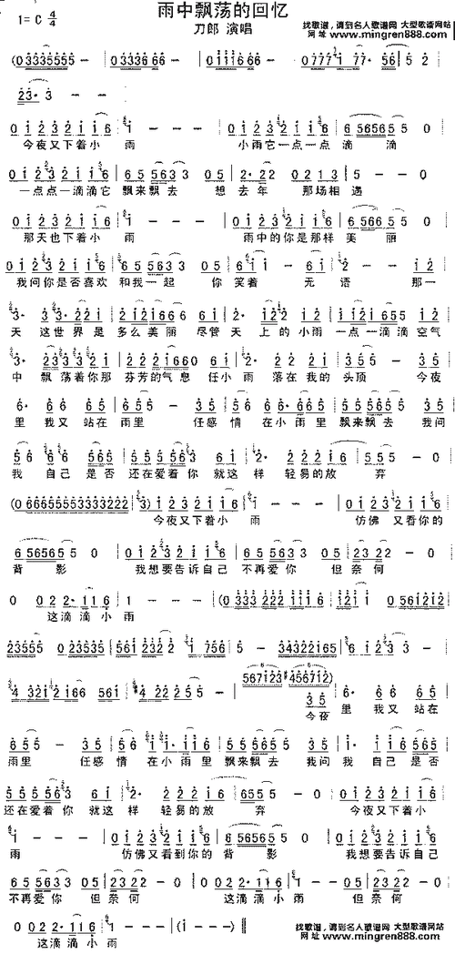 刀郎雨中飘荡的回忆简谱,刀郎雨中飘荡的回忆歌谱,刀郎雨中飘荡的回忆