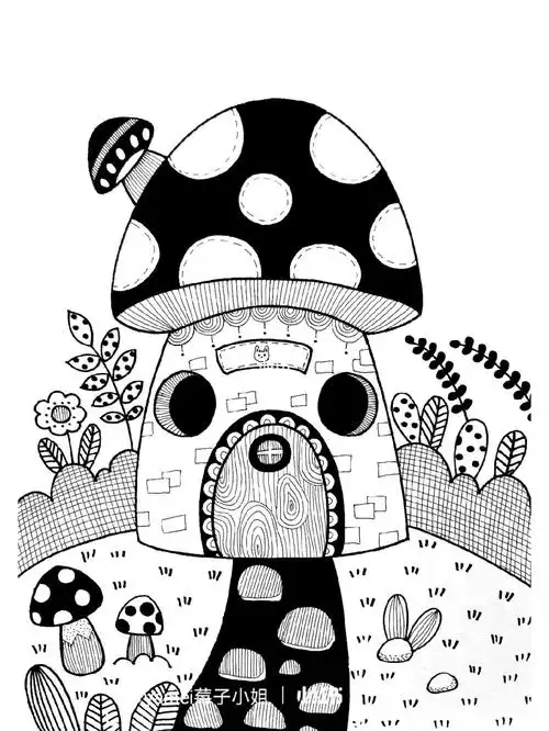 入门级儿童线描画—蘑菇房子