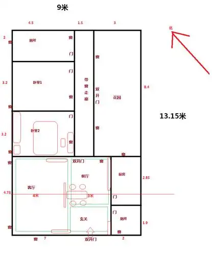 [491369]平面布置图(图示按比例并标注尺寸,家具家电门窗按比例并合理