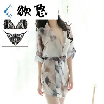 睡衣女夏极度免脱夫妻情调露背办事方便妩媚诱人水墨灰文胸内裤休闲风