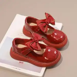 女童红色皮鞋公主鞋玛丽珍2022春秋新款儿童英伦风宝宝蝴蝶结单鞋
