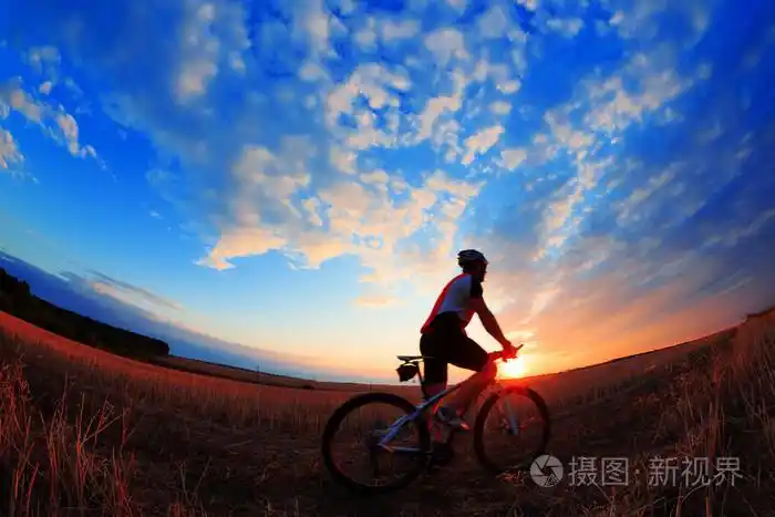 一个骑自行车的人和自行车上日落背景的剪影