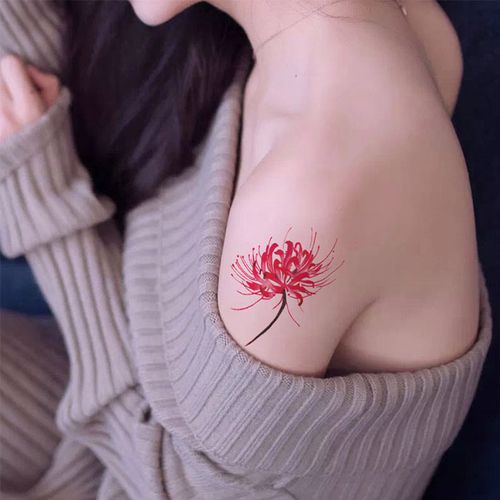 彼岸花纹身贴防水女仿真持久红色曼珠沙华文身贴纸性感胸前纹身贴