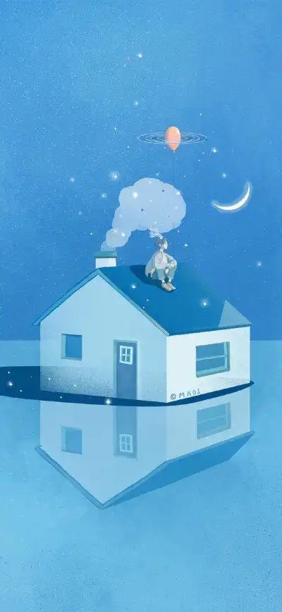 蓝色简约文艺小清新壁纸插画师:猫矮-maoi .