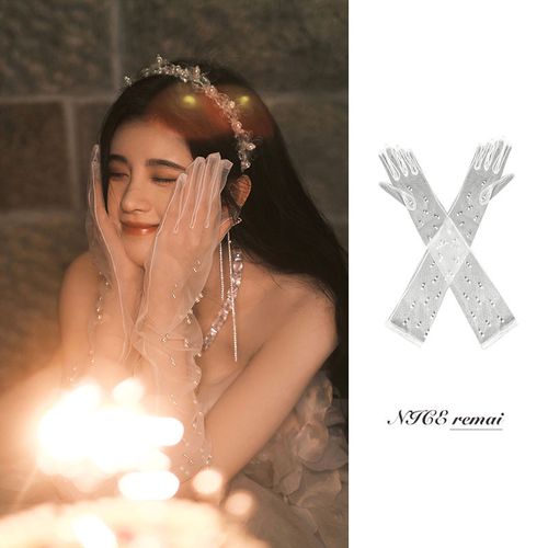 鞠婧祎同款珍珠网纱手套优雅复古礼服婚纱新娘拍照配饰露指手套长【3