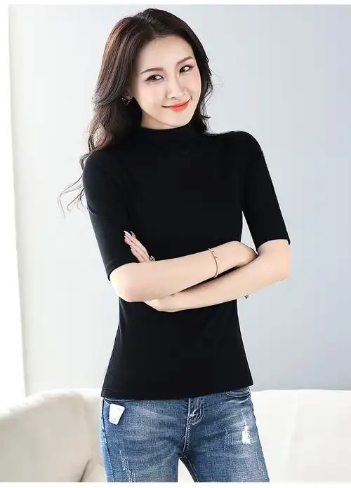 一体小高领中袖t恤女五分袖打底衫黑色内搭紧身秋冬打底t恤女韩版