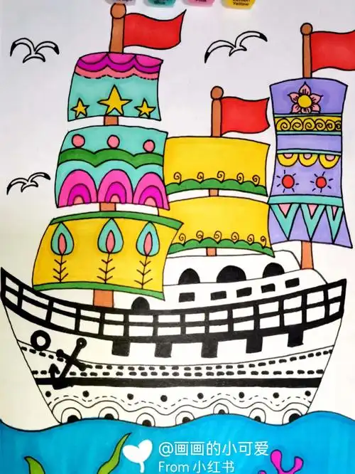 大海上的帆船创意儿童画简笔画线描美术