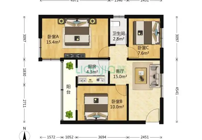 北京二里庄小区3室1厅1卫80平米户型图