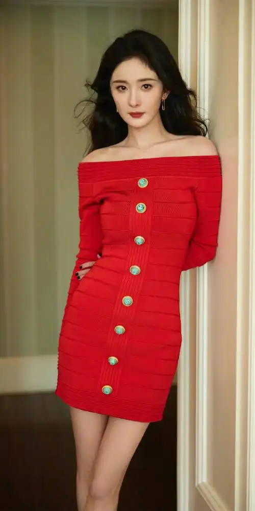 杨幂壁纸,红裙一字肩美腿