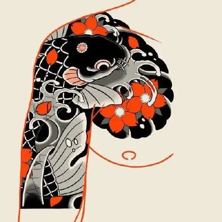 12款红黑色的日式半甲纹身手稿图片赏析