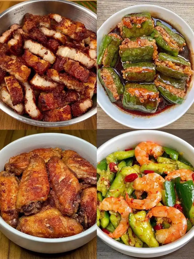 简简单单的美食家常菜来了 香煎梅花肉 青椒酿肉 椒盐鸡翅