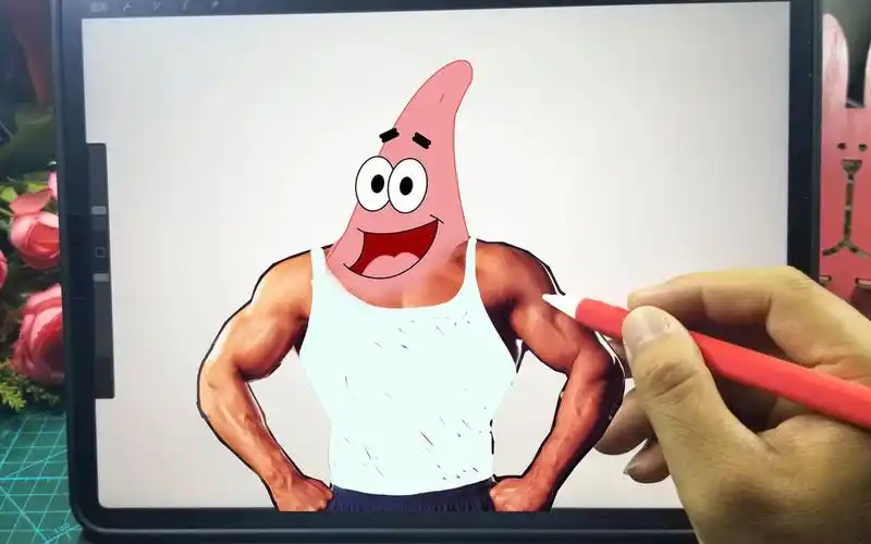 动画片中的派大星健身后啥样子?作者用ipad画出这幅趣味卡通漫画