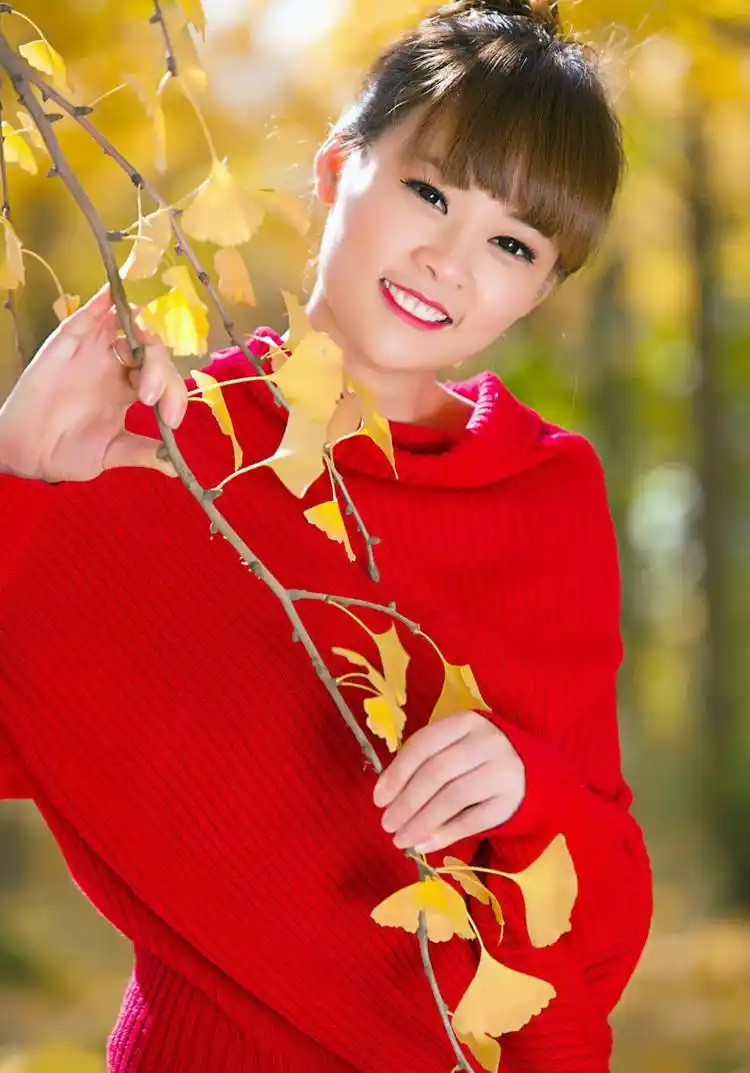 透过那树丛中金色阳光下的秀美红衣姑娘