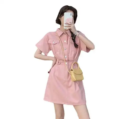 虞书欣同款poio领牛仔连衣裙女小个子