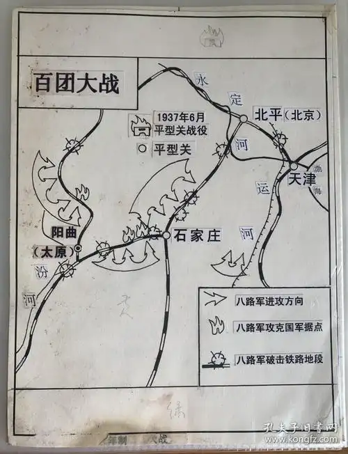 7080后怀旧收藏,九年义务教育中学历史课本手绘原稿插图-百团大战