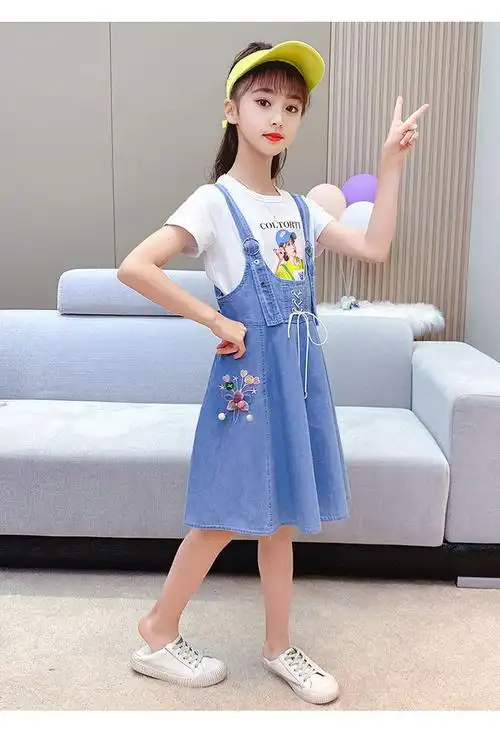 女童夏季牛仔背带裙套装新款儿童吊带裙女孩洋气两件套