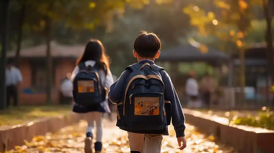 背着书包上学的小学生孩子背影学校校园开学季教育学生学习成长