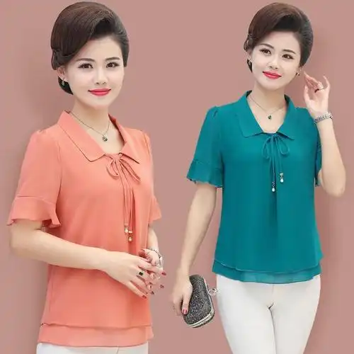 单件套装夏季妈妈装夏装雪纺衫上衣裤子两件套中老年大码女装t恤广赫