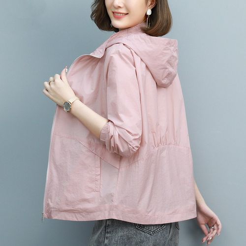 夏季双层防晒衣女短款外套40岁50中年妈妈透气开衫连帽上衣空调衫