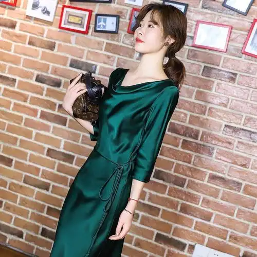 法式仿真丝连衣裙女2020夏季新款气质雪纺高档淑女纯色系带包臀裙