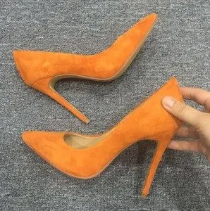 秋冬新品橙色羊反绒尖头细跟高跟鞋女鞋低帮鞋浅口 span class=h>单鞋
