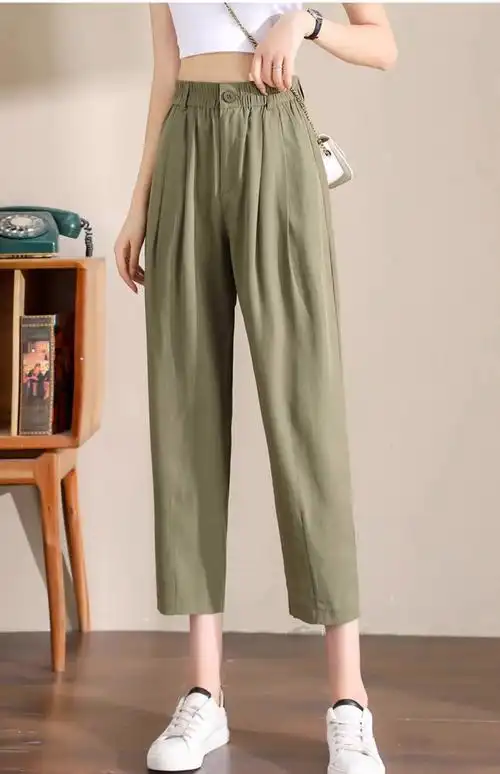 绿色棉麻裤子女夏季薄款休闲天丝亚麻裤女裤九分小个子萝卜哈伦裤