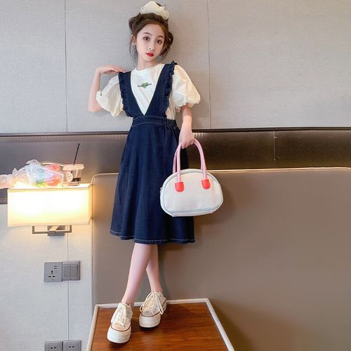 萌菲思女大童夏季套装裙2024新款女孩牛仔裙短袖两件套童装女9-12岁