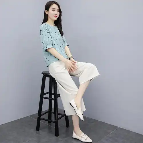 2020春夏新款棉麻套装女韩版波点女装休闲宽松两件套阔 白点 藏青裤 l