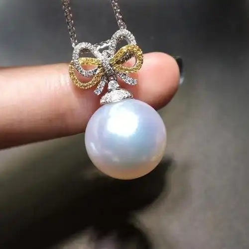 天然澳白珍珠吊坠珠子15mm正圆超大颗珍珠微微瑕微生物纹18k金镶黄白