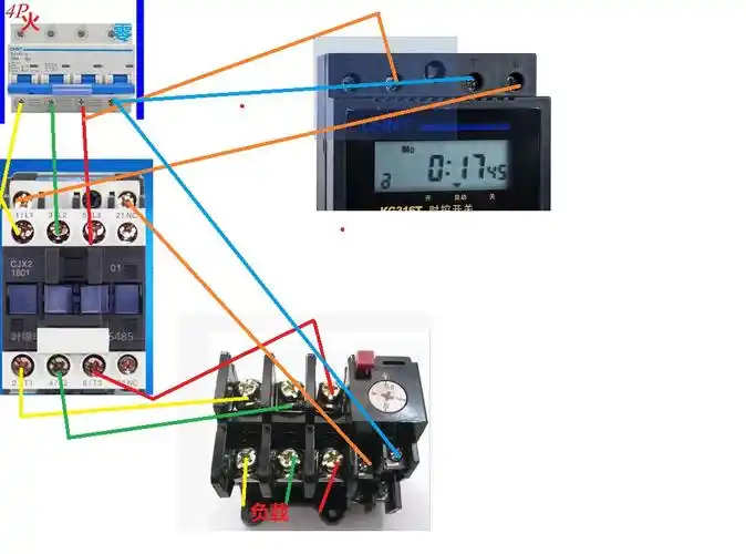 时控开关,接触器和热过载继电器接线方法(都是380v的)