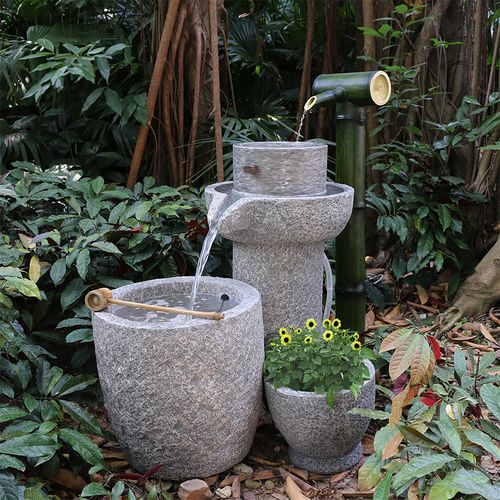 庭院花园大型竹子石磨假山流水喷泉景观户外阳台田园石臼水景摆件
