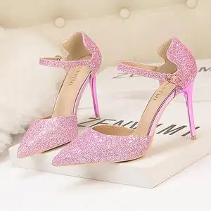 名媛公主风闪粉亮片中空一字扣带高跟凉鞋粉红色淑女尖头宴会女鞋
