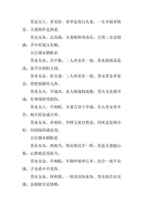 金木水火土五行婚配表