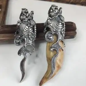 925纯银复古银虎牙套霸气老虎头男士吊坠熊牙套包银牙尖镶嵌