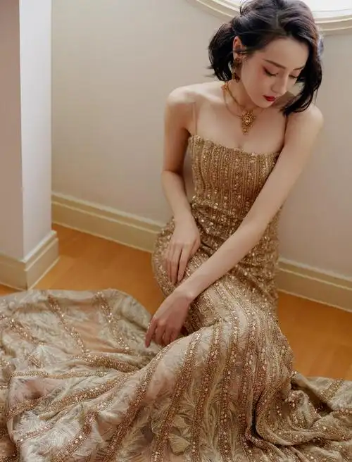 迪丽热巴气质感真绝了穿香槟色亮片裙显高又显瘦美得让人心动