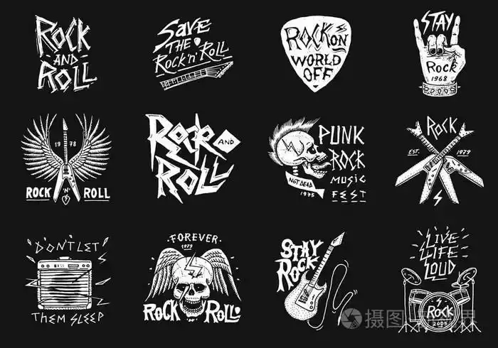 设置摇滚乐音乐符号与吉他翼头骨鼓plectrum标签徽标用于设计t恤夜间