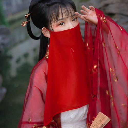 面纱古风面罩汉服古装仙女白遮面飘逸系带舞蹈表演头饰红配饰百搭