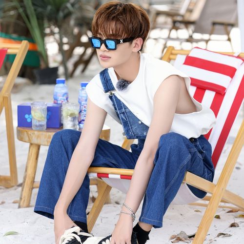 原版全力以赴行动派黄明昊同牛仔背带拼接长裤百搭休闲裤