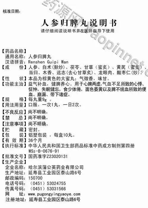 人参归脾丸说明书