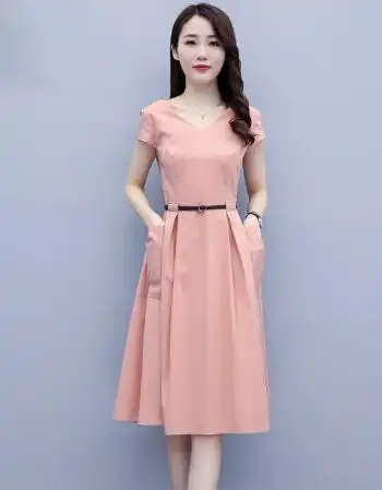 连衣裙女夏季年新款韩版收腰显瘦轻熟风短袖夏天中长款裙子潮粉红色
