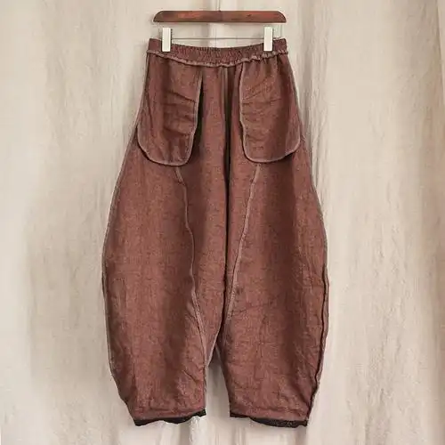 亚麻灯笼裤文艺阔腿裤复古文艺民族风碎花垂感宽松萝卜休闲裤长裤