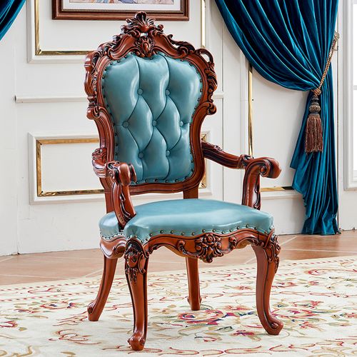 欧式餐椅美式复古橡胶木新古典做旧椅子实木雕花靠背洽谈椅扶手椅-mc