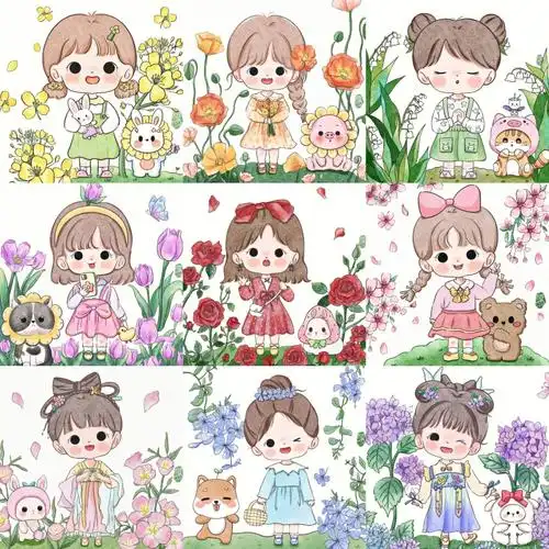 q版人物九宫格花与女孩系列