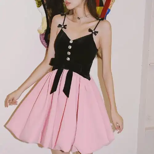 自主设计师品牌masionw2021ss吊带拼接粉色裙蝴蝶结修身公主裙