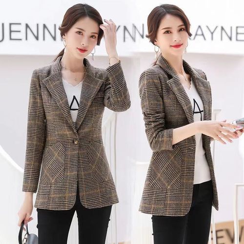 新款春秋短款西服小个子女装格子上衣休闲女士小西装修身显瘦外套