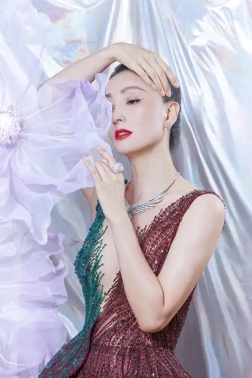 陶虹穿深v拼接紫纱裙妆容精致气质优雅