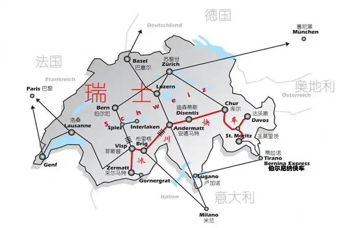 冰川快车东起瑞士东南部的高山疗养胜地圣莫里茨,西至马特洪峰脚下的