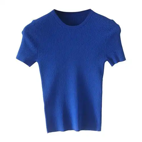 巨美宝蓝色!纯色冰丝针织弹力修身短袖t恤上衣女