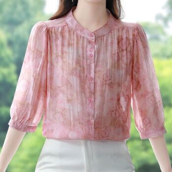 skgoldy七分袖雪纺衬衫女时尚夏季装宽松遮肚子小衫碎花立领中袖上衣