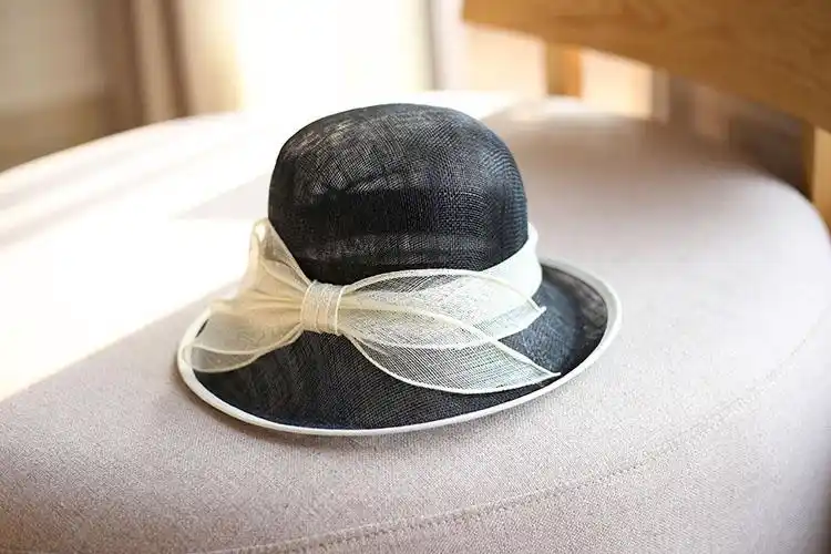 法国轻奢欧美麻纱帽轻盈防晒女士礼帽遮阳大檐草帽出游帽子女黑色黑